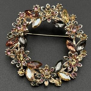 Rose Gold with Multicolored Crystal Floral Flower Leaf Wreath Pin Back Brooch